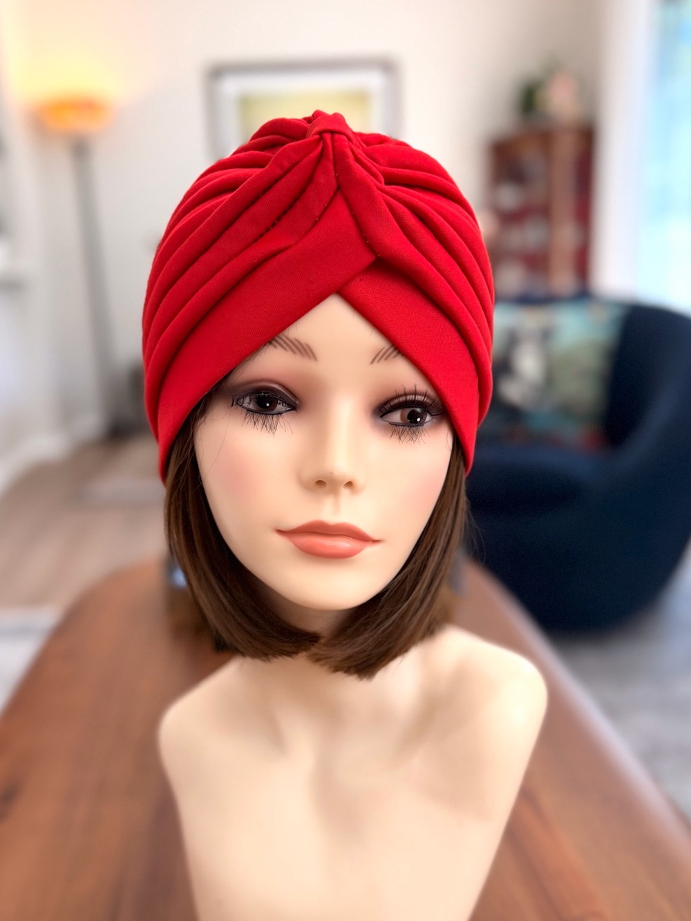 Red Pleated Turban Hat Vintage Style Knotted Headwrap Statement Cap